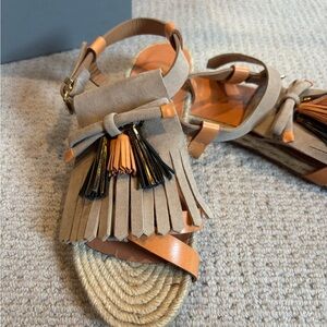 Hoss Intropia Fringed Espadrille Sandals in Beige & Tan with Tassel Detail